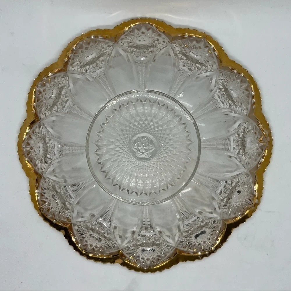 Vintage Glass Bowl EAPG American Brilliant Clear Gold Rim 9” Stars Sawtooth Rim